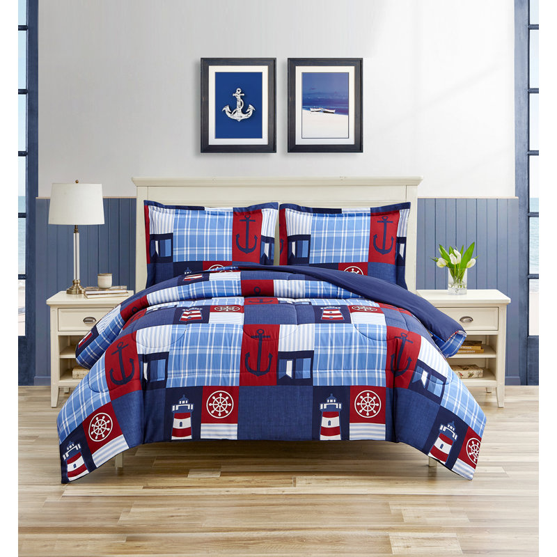 Ocean Inspired Coastal DESIGN STUDIO Nautical Patch Blue Ultra Soft Microfiber Reversible Comforter Set
