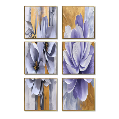 Lavender And Golden Balance Of Peonies Blossom - Abstract Wall Art Set Of 6