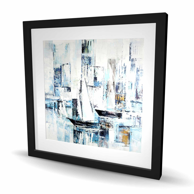 Formes abstraites et bateaux - Décoration moderne encadrée avec passe-partout, H 24 po x l 24 po, Noir