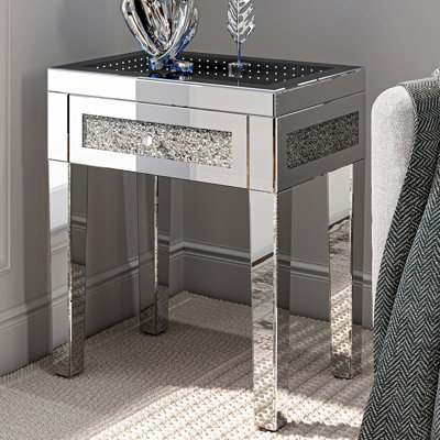 Table d'appoint en miroir Mercer41 avec lumières infinies, table de bout argentée avec diamant concassé, table de chevet moderne pour le salon, la chambre à coucher
