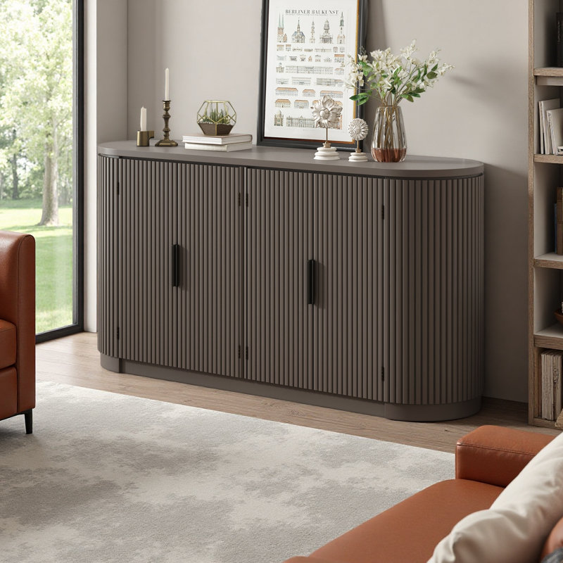 Vertical Striped Door Storage Cabinet With Metal Handles, Adjustable, Suitable For Study, Entryway And Living Room, Brown