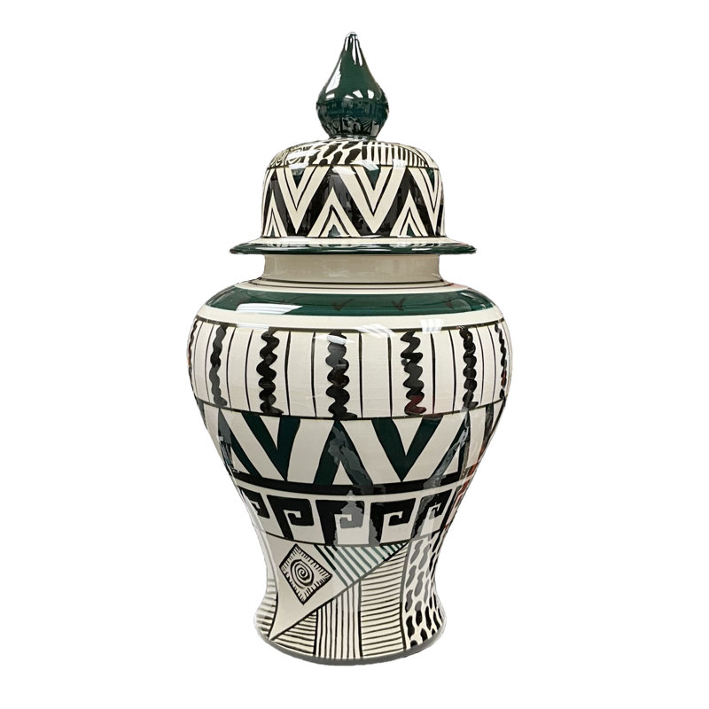 African Handmade Ceramic Jar, Green/Black/White, 13" H x 6.5" W x 6.5" D
