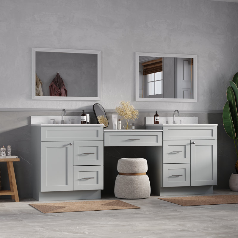 91'' Double Bathroom Vanity with Quartz Top, Gray