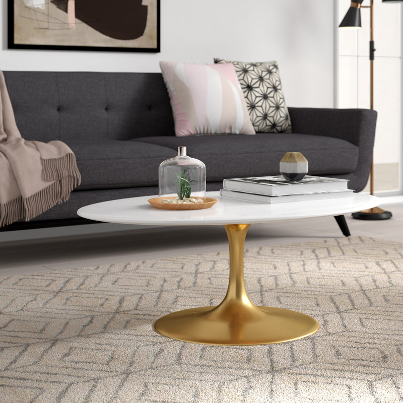 Silver Orchid Fein Oval-Shaped Coffee Table, Gold, 16.5" H x 42" L x 27.5" W, White