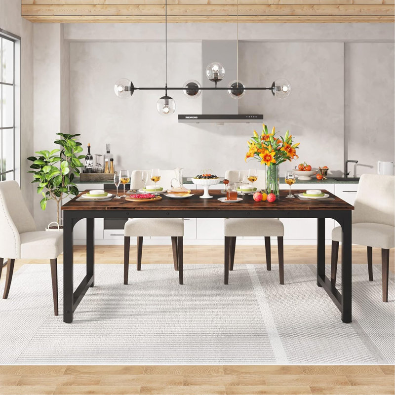 71" Industrial Dining Table For 6–8 People, Rustic Rectangular Kitchen & Dining Room Table With Heavy-Duty Metal Frame, Workstation Or Game Night – Rustic Brown & Black