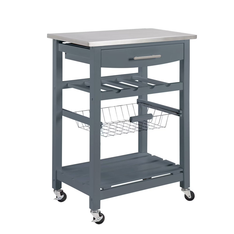 Mobile Rolling Kitchen Island Trolley Serving Cart, Gray, 33" H 30" W x 16" D,  Stainless Steel