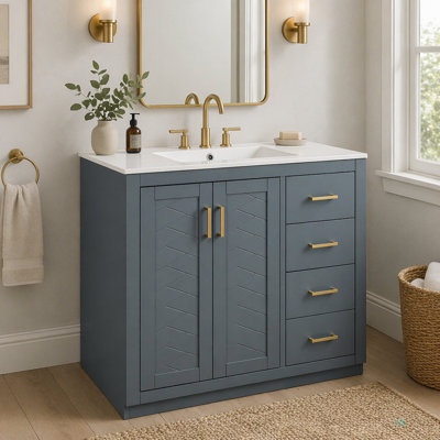 Ensemble de meuble-lavabo 36 po avec lavabo en céramique, armoire de rangement en bois massif, ensemble de meuble-lavabo autoportant avec 3 tiroirs et portes à fermeture douce