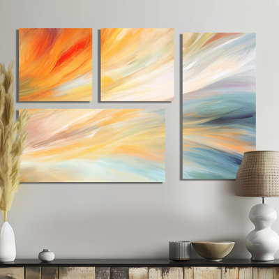 Vague rétro bleue et orange élégance I - Formes abstraites, impressions sur toile, 4 pièces