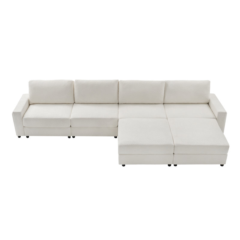 Canapé modulaire moderne avec deux repose-pieds Grandon, Polyester ivoire