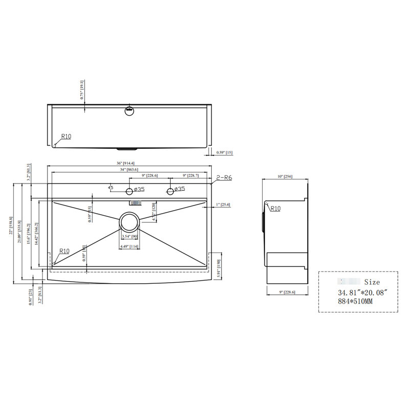 Évier de cuisine de 36 pouces - Acier inoxydable de calibre 16, tablier frontal 36 x 22 x 10 pouces, 3 mm d'épaisseur pour une cuisson silencieuse