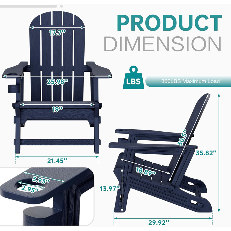 Adirondack Chair Set Of 2,HDPE Adirondack Chair W/Removable Tablelop & Umbrella Hole,All-Weather Wooden Textured Plastic Outdoor Chairs W/Cup Holder For Garden Backyard Pool,Dark Blue