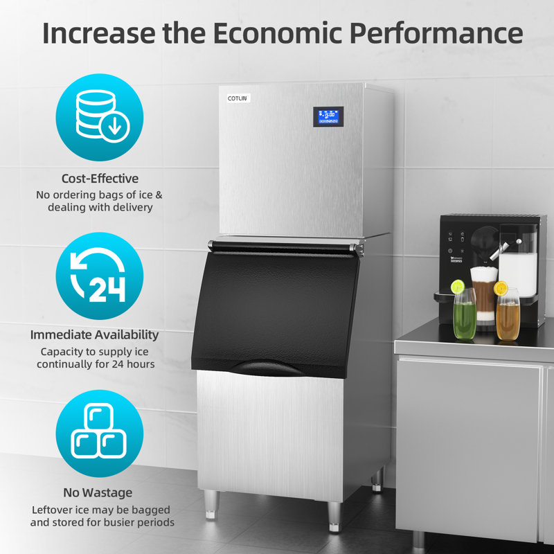 COTLIN 550lbs/24h Commercial Freestanding Ice Maker Machine With 350lbs Ice Storage