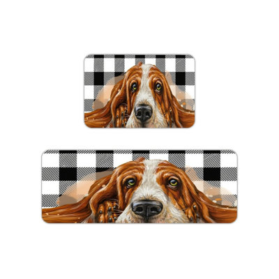 Tapis de cuisine noir et blanc à carreaux Basset Hound, 2 pièces pour les amoureux des animaux