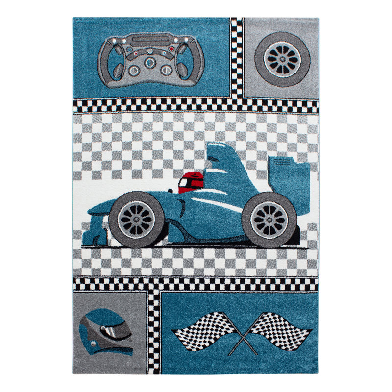 Kids Race Car Figurine Area Rug, Rectangular 200 x 290cm, Blue