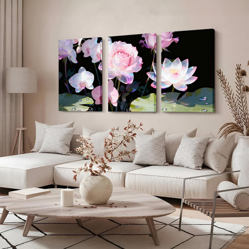 Ensemble de 3 toiles murales à motifs floraux de roses roses et d'orchidées, H 18 po x l 36 po