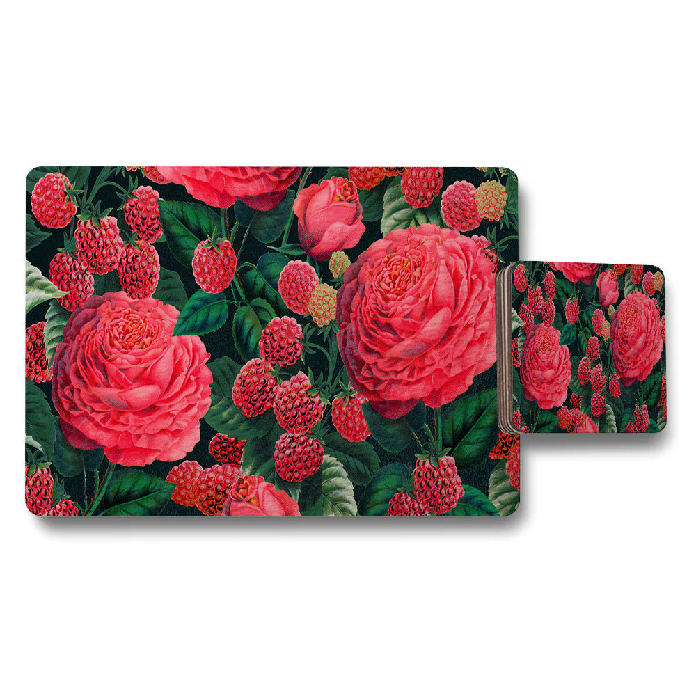 Raspberry And Rose Floral Placemat And Coaster Set Pattern