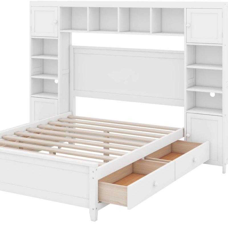 Lit double en bois avec armoire, Blanc