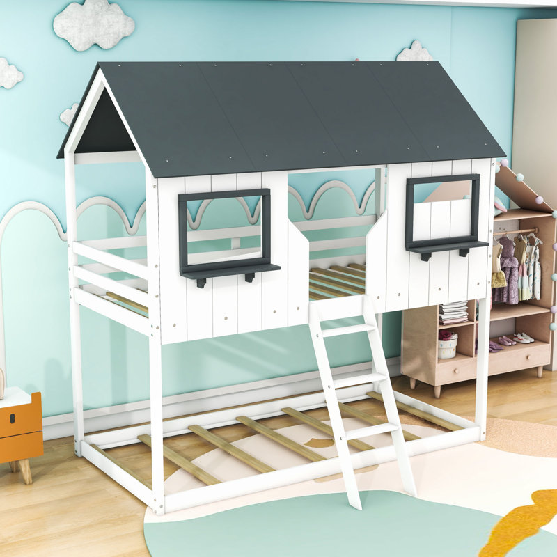Anneleise Adorable Twin-Over-Twin Bunk Bed With Playhouse Design And Ladder, White