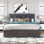 Lit plateforme tapissier gris foncé taille grand, 2 tiroirs, lit gigogne simple TG, tête de lit rembourrée de mousse, revêtement en lattes de bois, structure solide