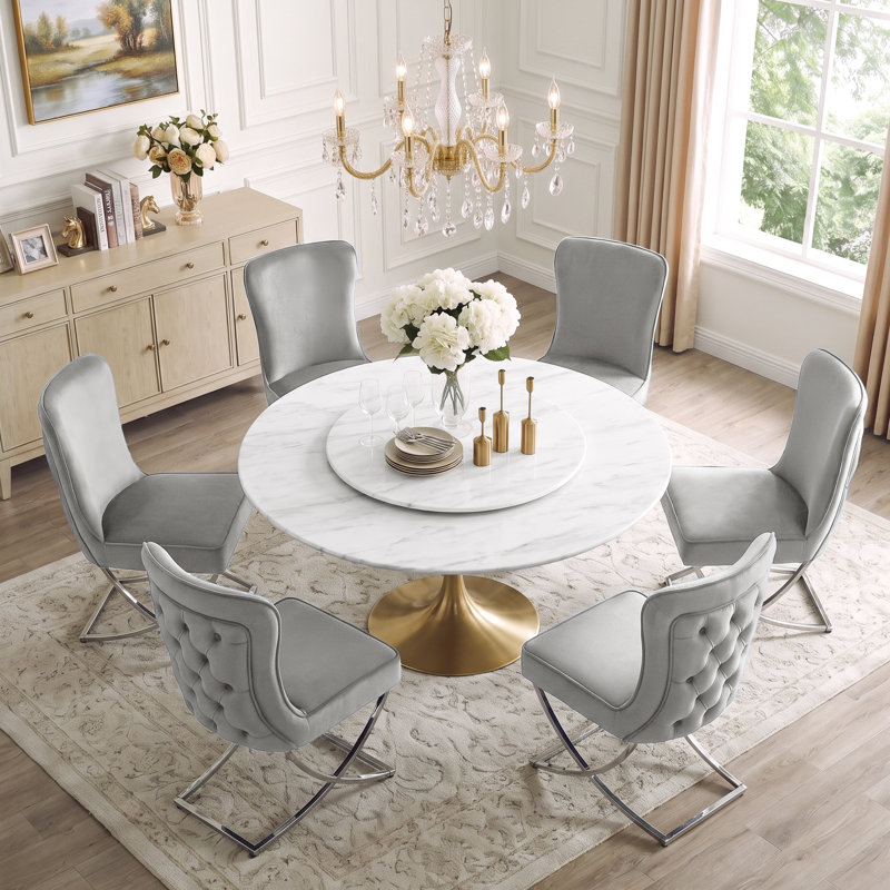 Chaise de salle à manger capitonnée en velours avec pieds en X argentés, Gris clair