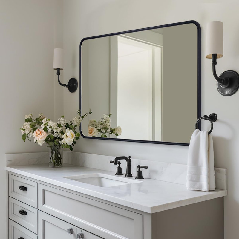 Miroir de salle de bain rectangulaire contemporain arrondi | Structure en U en aluminium, Noir mat, 40 po x 30 po