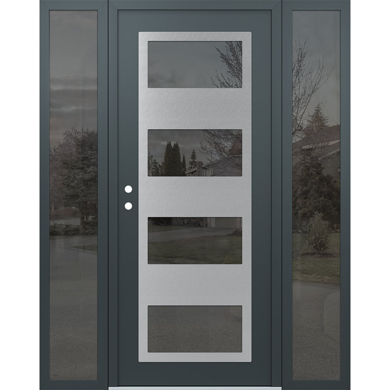 Porte d'entrée avant prémontée à 2 panneaux latéraux en acier argenté anthracite / anthracite, L 61,69 po x H 81,69 po