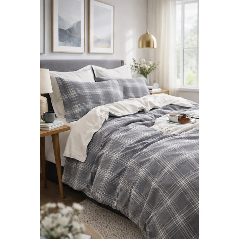 Ensemble de housse de couette réversible en coton standard gris / blanc 3 pièces Chrishona
