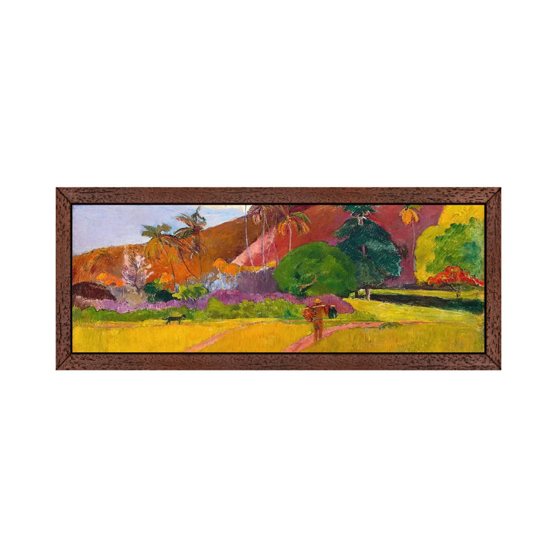 Tahitian Landscape by Paul Gauguin - Panoramic Painting on Canvas, 30.48 cm H x 91.44 cm W, Brown Floater Framed