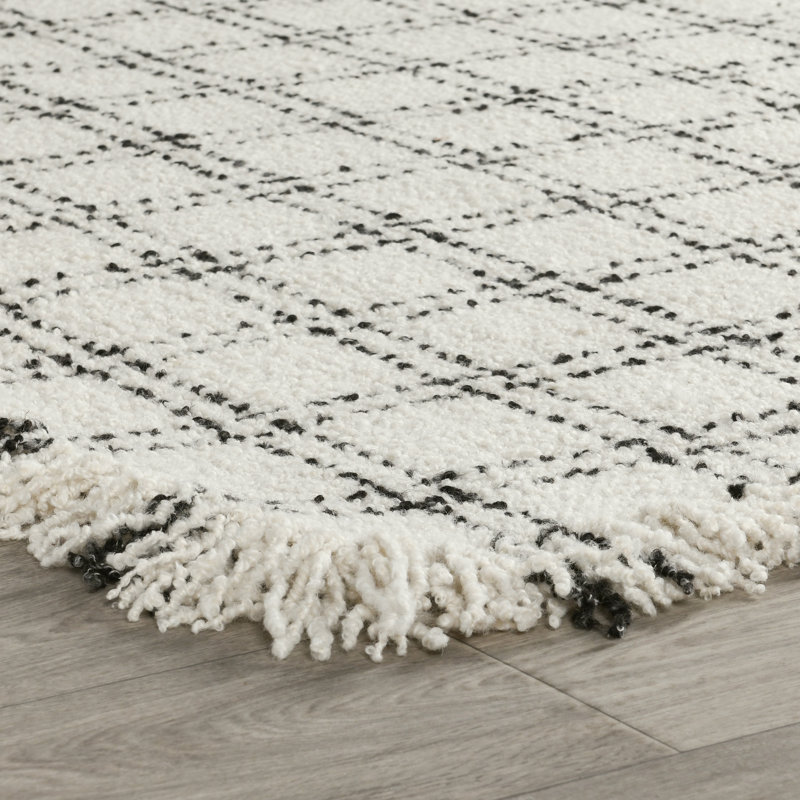 Ivory and Black Checkered Wool 5' x 8' Area Rug
