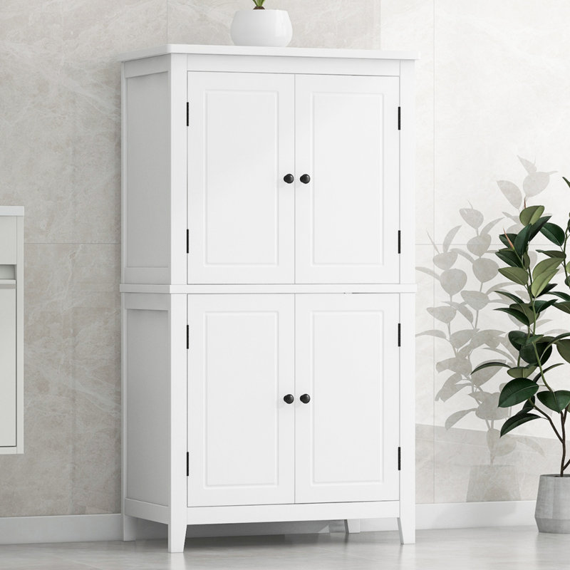 Armoire de rangement élégante pour salle de bain, unité de rangement pour salle de bain, armoire autoportante avec 4 portes, tablettes réglables, tablettes adaptables, blanc