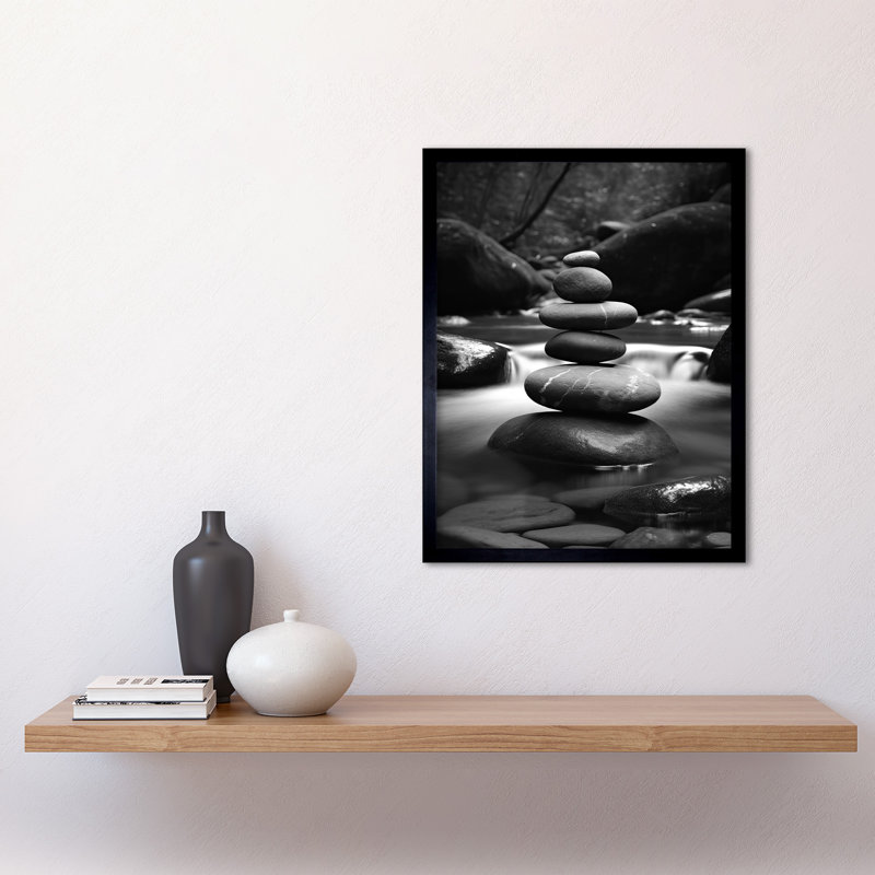 Linkous Zen Stacking Stones In River Black And White Photo - Single Picture Frame Print