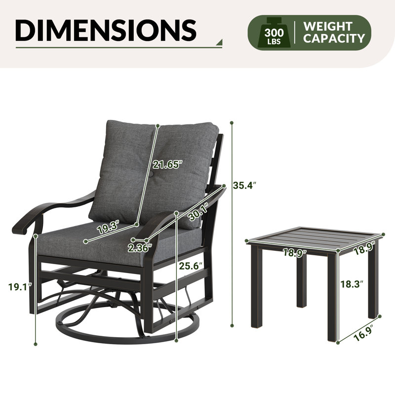 2 - Person Outdoor Swivel Metal Glider Seating Group With Side Table, Gray