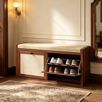 Banc de rangement pour chaussures avec siège rembourré, 2 portes d'armoire en rotin pour l'entrée, le couloir et la chambre à coucher