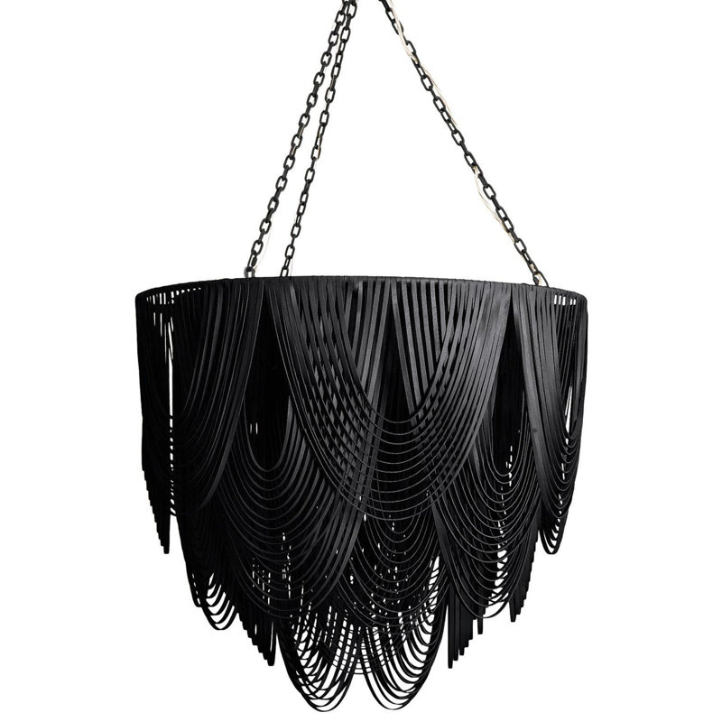 Large Leather Fringe Flushmount Chandelier, Black