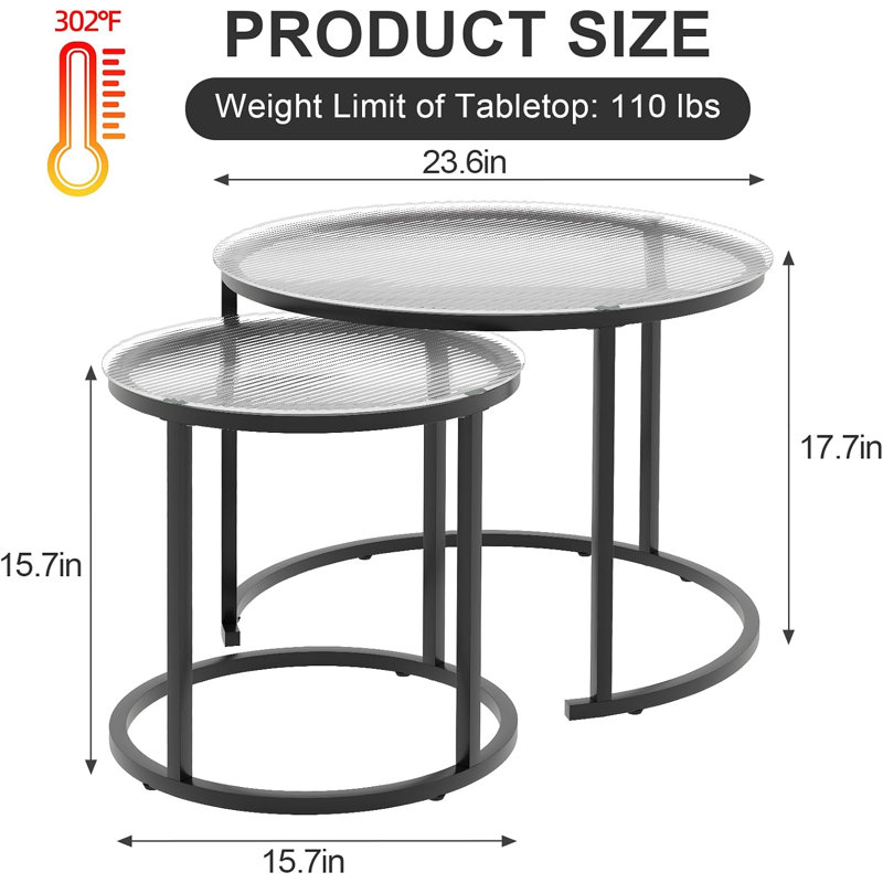 Ensemble de 2 tables basses gigognes rondes en verre, petites tables gigognes pour salon et chambre, table d'appoint avec structure en métal, style industriel moderne et épuré.