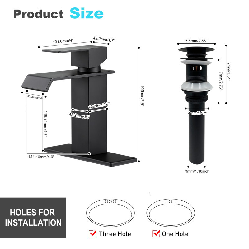 Waterfall Bathroom Faucet For Sink Single Hole,pop Up Drain With Overflow, Matte Black