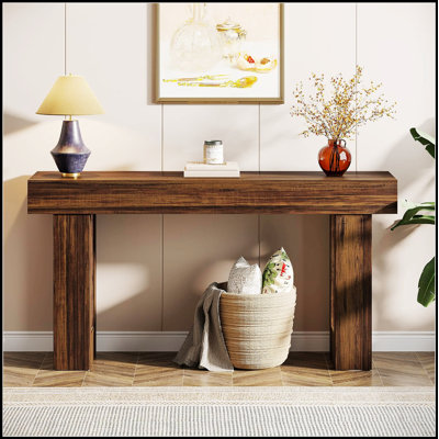 Console 63 pouces de style campagnard avec finition brun rustique, plateau rectangulaire spacieux pour le vestibule et le couloir