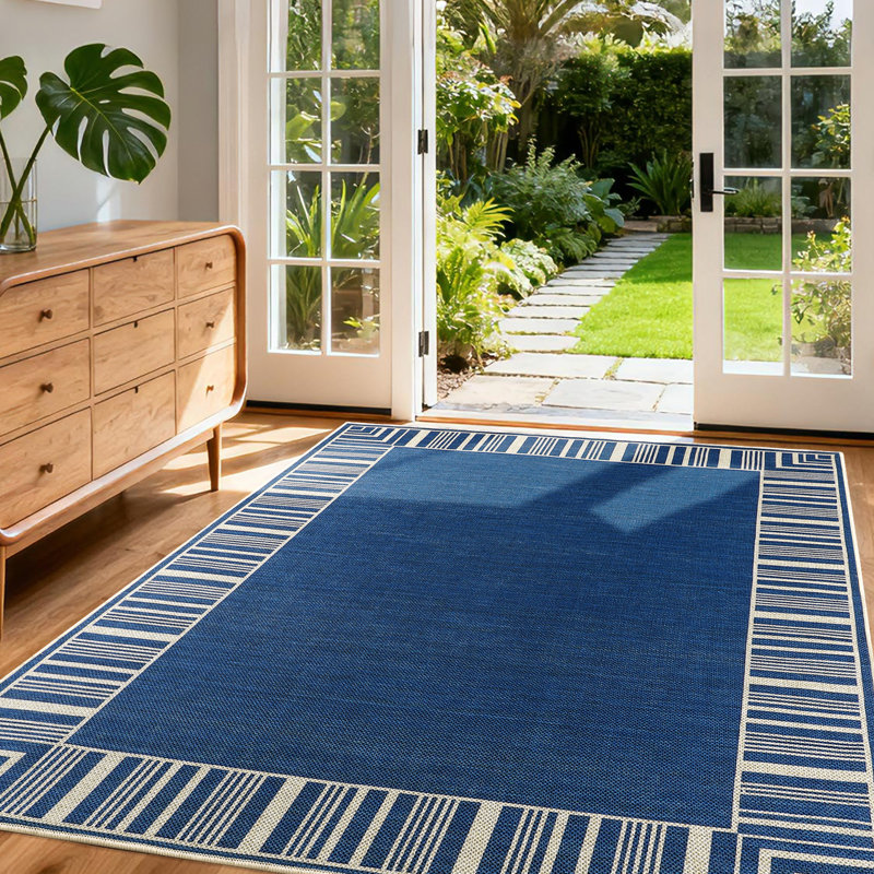 Outdoor Area Rug, Casual Design with Striped Border, Stain Resistant Durable Mat for Patio, Balcony, Bedroom, Living Room, Dining Room, Bathroom