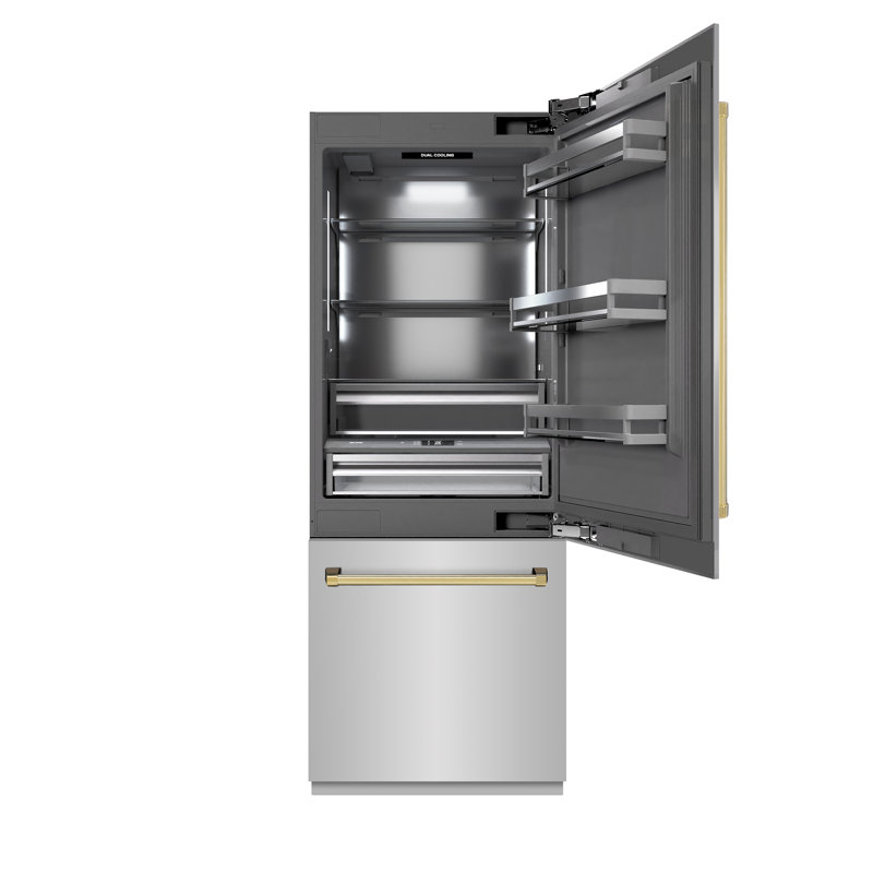 ZLINE Autograph Edition 30 in. 16.1 cu. ft. Built-In Bottom Freezer Refrigerator with Water Dispenser and Ice Maker in Satin Stainless Steel with Graphite Grey Interior