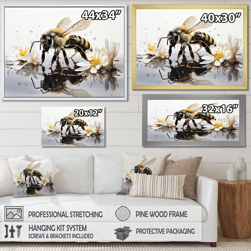 Minimalisme, abeille, réflexion sur l'eau, impression sur toile, Cadre naturel flottant, H 16 po x l 32 po x P 1 po