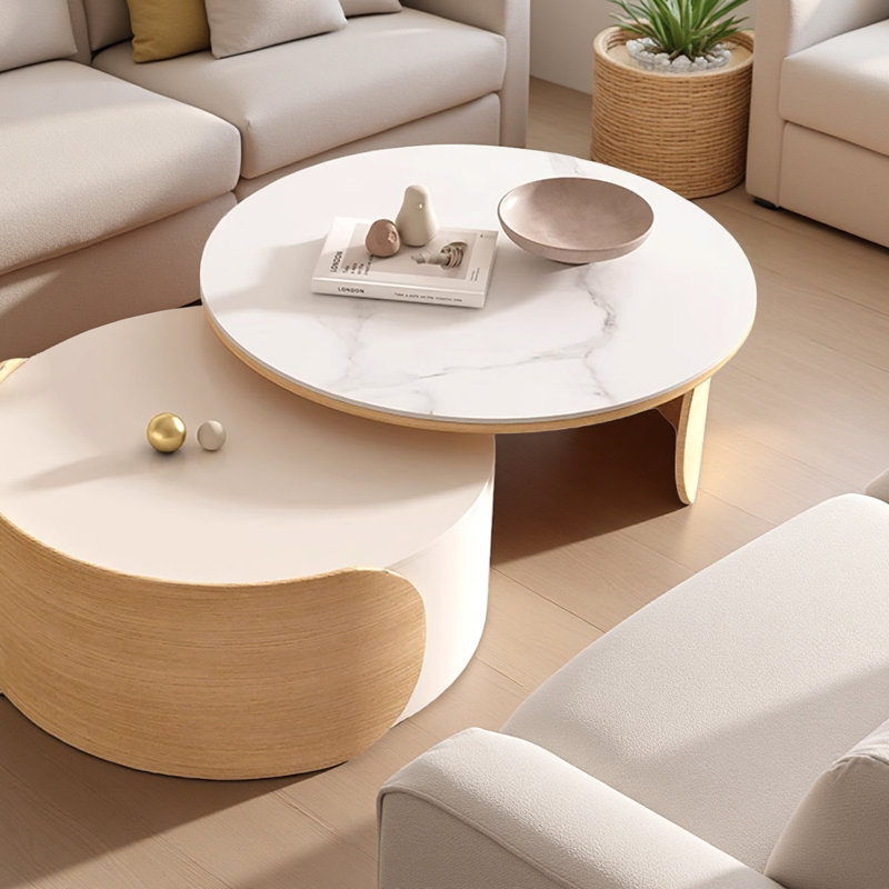 Table basse gigogne ronde 31,6 po avec plateau en marbre et 1 grand tiroir