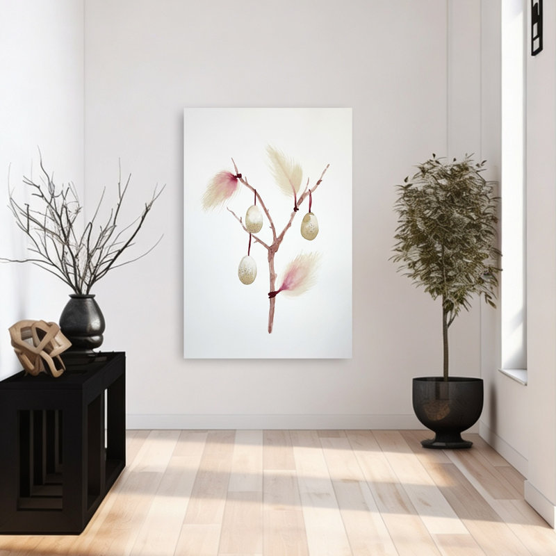 Branche de Pâques à plumes, impression délicate de printemps minimaliste élégant, 48" H x 32" W
