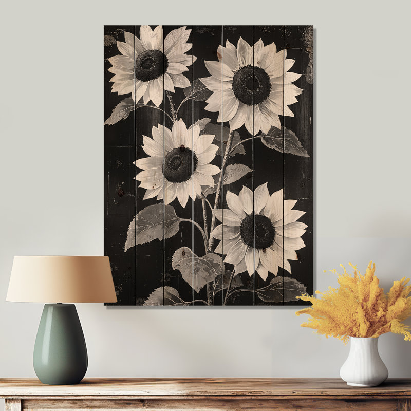 Midnight Sunflowers Beauty - Art mural en bois tournesols - sur bois de pin naturel, H 32 po x l 24 po x P 0,78 po