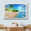 Fenêtre, paysage, ciel bleu ensoleillé, plage tropicale, palmiers côtiers, reproduction d'art sur toile-91357605