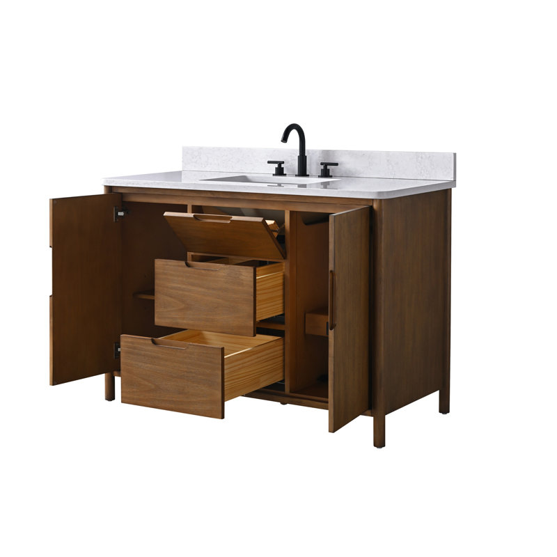 Meuble-lavabo autoportant de 48 po avec plateau en pierre Milano Mist, tablette électrique dissimulée et support pour sèche-cheveux