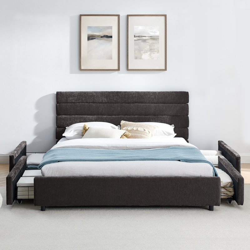 Lit plateforme tapissier avec tiroirs et tête de lit Joziah, Gris foncé