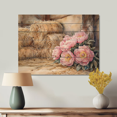 Farm Peonies In The Hayloft II - Peonies Wood Wall Art - On Natural Pine Wood