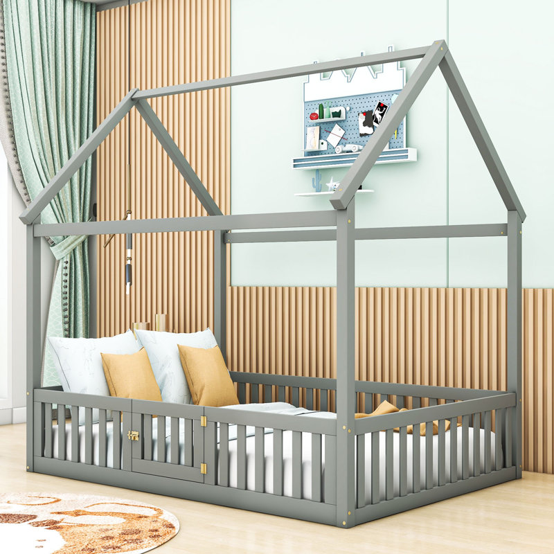 Full Wood House Bed with Fence, Gray