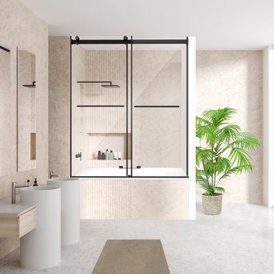 Belizzi 60" W x 58" H By Pass Frameless Exposed Roller Tub Door in Matte Black with Clear Glass