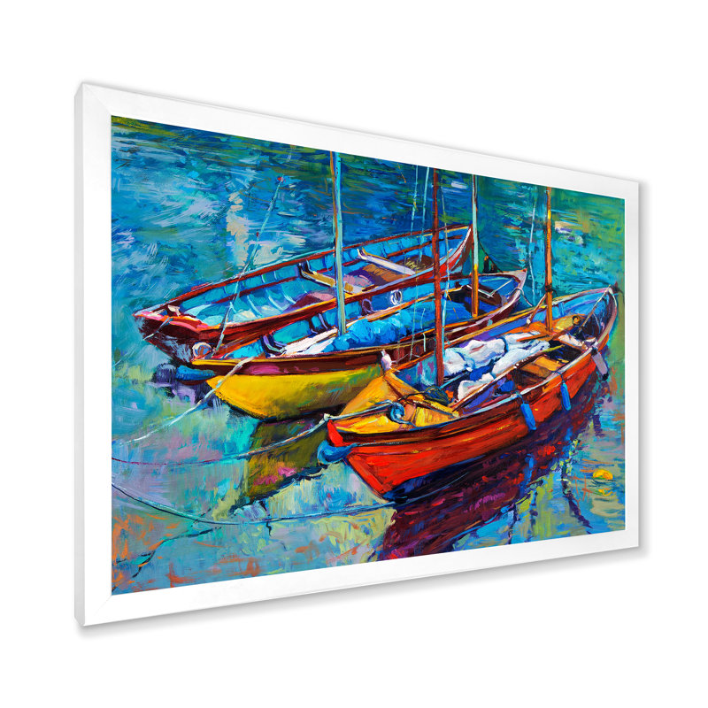 Trois bateaux dans le port - Peinture sur toile, H 16 po x l 32 po x p 1 po, Cadre photo blanc